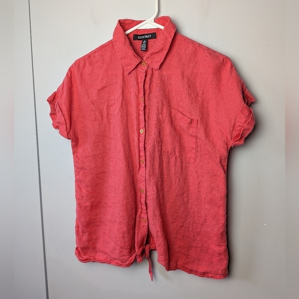 ELLEN TRACY Women Blouse 100% Linen Size Small Gold Buttons pink Color